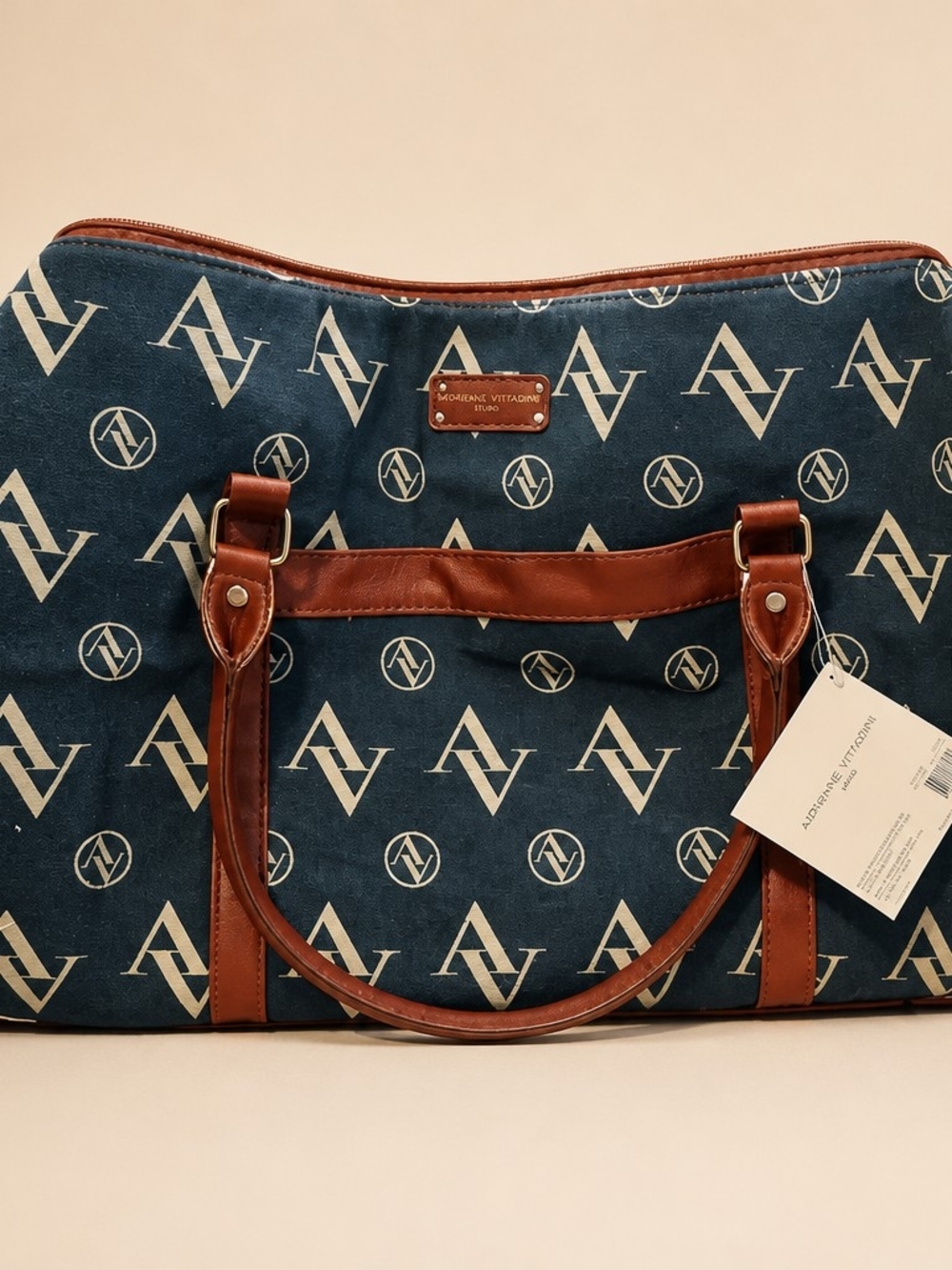 Adrienne Vittadini Navy Logo Tote with Brown Trim